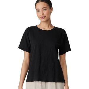 Eileen Fisher Black Cotton Crew Neck Tee, Cropped, Capsule, Casual, OVERSIZED